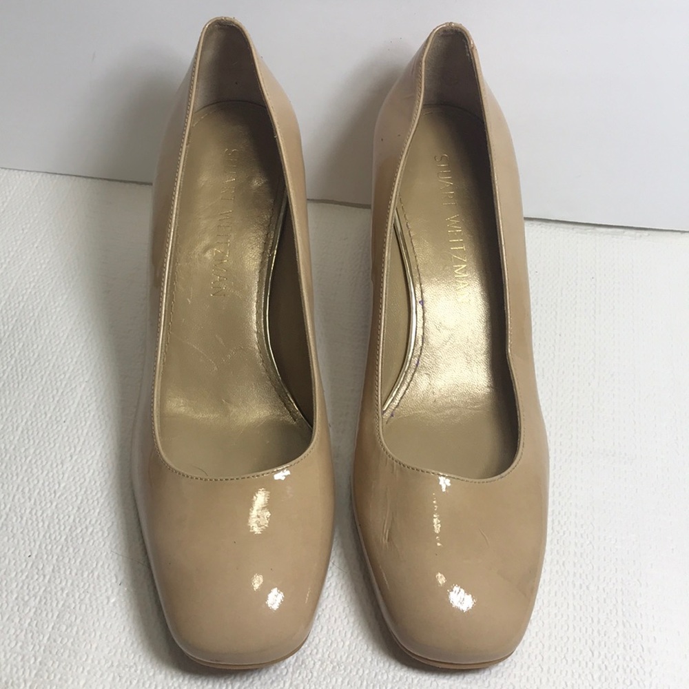 Stuart Weitzman block 2.5” heel beige patent leather 7.5 M MSRP $385